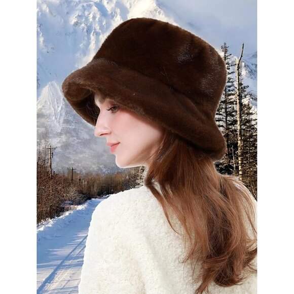 Women\'s Faux Fur Bucket Hat Compact Warm Short Plush Fisherman Cap main image 4